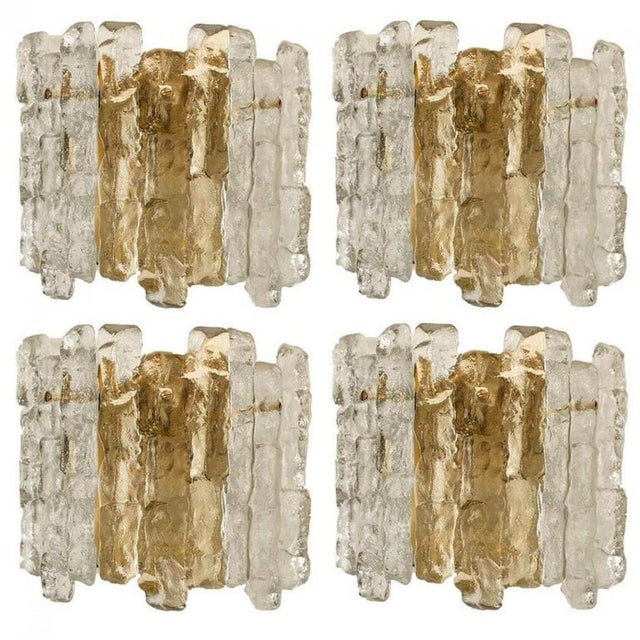 Modern Brass Two-Tiered Ice Glass Pendant Chandeliers attributed to J. T. Kalmar for Kalmar, 1970s, Set of 2 For Sale - Image 11 of 13