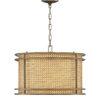 Tailor Single-Light Cane and Brass Drum Pendant Chandelier For Sale