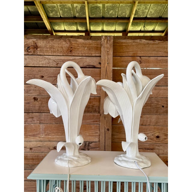 White Pair of Mid-20th Century Italian Porcelain Lily Flower Table Lamps For Sale - Image 8 of 12