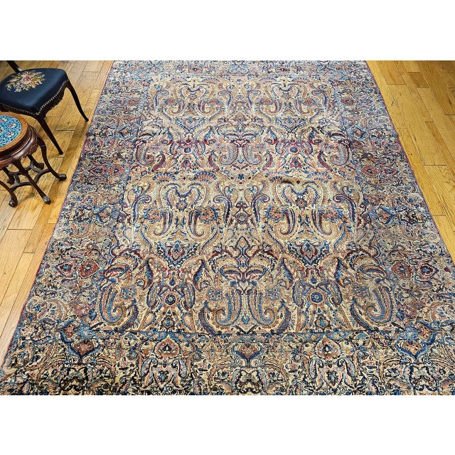 1900 - 1909 Antique Persian Kerman Lavar Rug, Hand-Knotted Wool, All-Over Floral Pattern, Ivory & Blue, 9x12 For Sale - Image 5 of 16