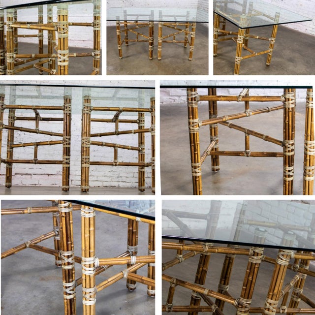 Late 20th Century Campaign Style Double Pedestal Dining Table by McGuire Bamboo Bases & Glass Top For Sale - Image 16 of 18