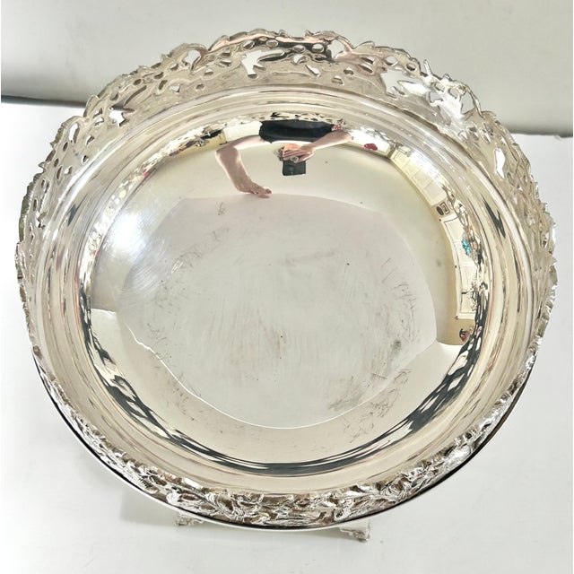 English Vintage Silverplate Swan Pedestal Compote Bowl With Pierced Gallery Centerpiece For Sale - Image 3 of 10