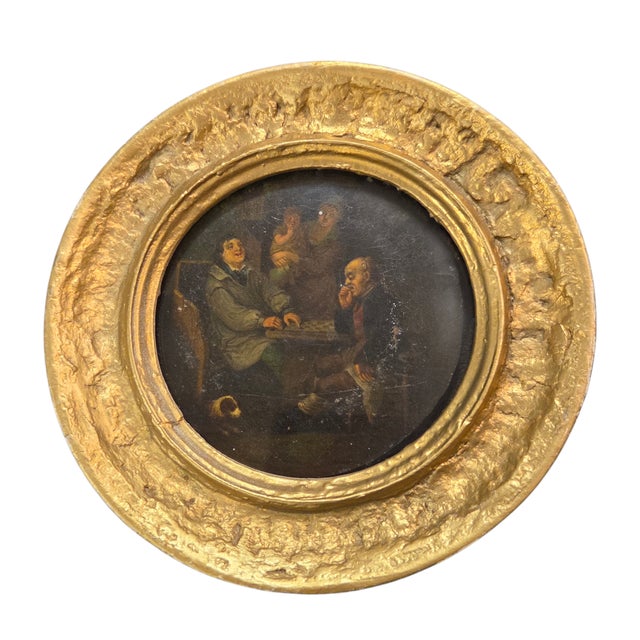 Wood French Old Master Style Genre Scene Oil Painting “Le Jeu” Tavern Interior Round Panel 5.75" For Sale - Image 7 of 11