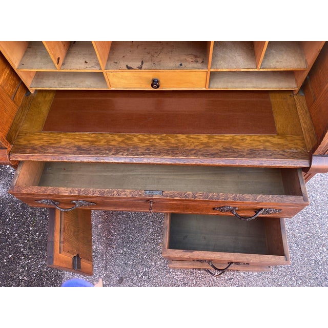Chestnut 1800's Antique Victorian Eastlake Cylinder Roll-Top Secretary Desk With Bookcase For Sale - Image 8 of 11