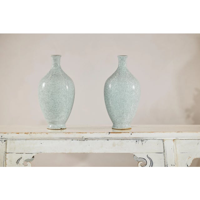 Late 20th Century Light Grey Celadon-Glazed Porcelain Vases with Fine Crackle Pattern - A Pair For Sale - Image 5 of 12
