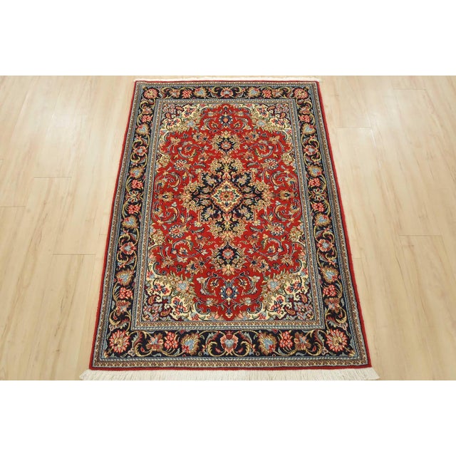 Farmhouse Fine Qom Rug 3’5” X 4’10” Red Wool/Silk Traditional Hand-Knotted Carpet For Sale - Image 3 of 12