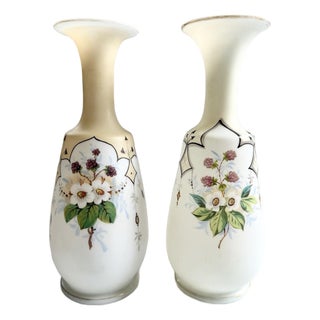 Matching Pair of Antique Bristol Glass Vases With Hand Painted Flowers & Butterflies For Sale