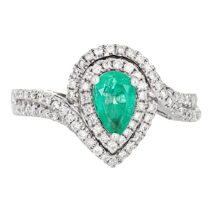 Emerald Diamond Ring Estate 14k White Gold Pear Halo Sz 7 Fine Jewellery