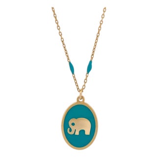 Powerful Lucky Elephant Gold & Turquoise Chain Necklace For Sale