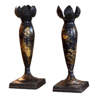 Pair of Black Tole Candlesticks For Sale