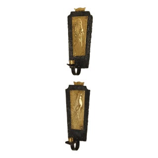 Mid-Century Modern Swedish Brass and Wrought Iron Sconces with Bird Motifs, Set of 2 For Sale
