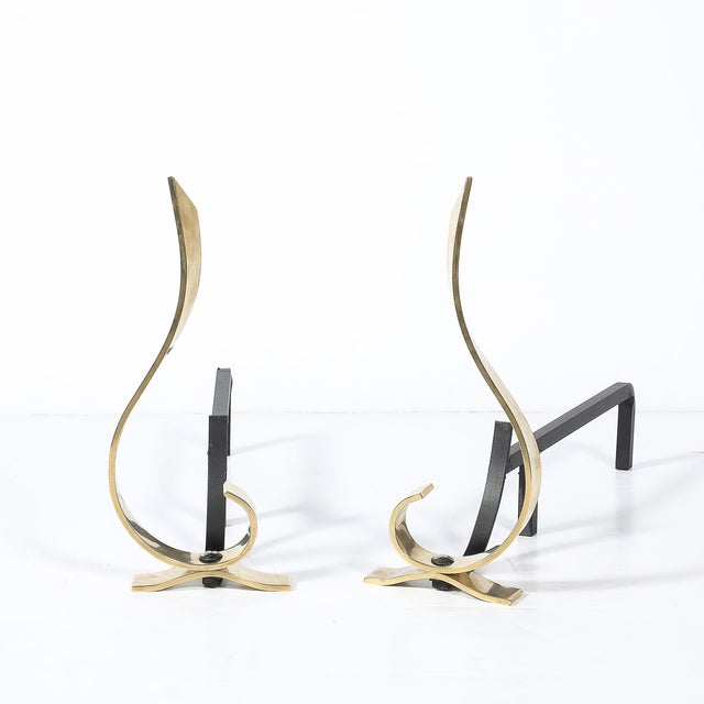 Metal Pair of Mid-Century Curvilinear Polished Brass Andirons With Gunmetal Fittings For Sale - Image 7 of 11