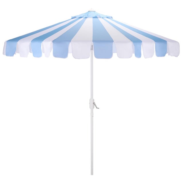 Meze 9 Ft Crank Umbrella, Baby Blue Cabana Stripe/White Pole For Sale - Image 9 of 9