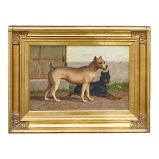 Continental Oil Painting of Two Dogs in Courtyard, circa 1900 - Gilt Frame For Sale
