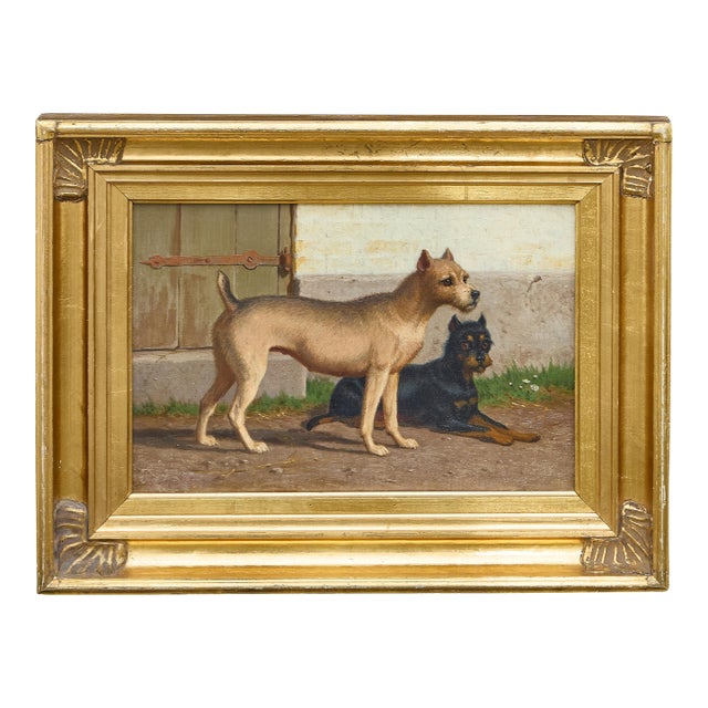 Continental Oil Painting of Two Dogs in Courtyard, circa 1900 - Gilt Frame For Sale