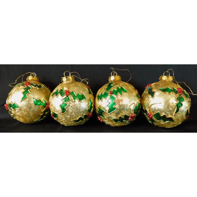 Figurative Large Fancy Gold Foil Shimmer Red & Green Mistletoe Hand Painted Glass Christmas Tree Ornaments - Set of 4 For Sale - Image 3 of 5