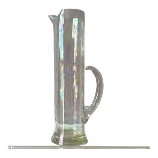 Mid Century Iridescent Lustre Glass Tall Martini Cocktail Pitcher With Swizzle Stick For Sale