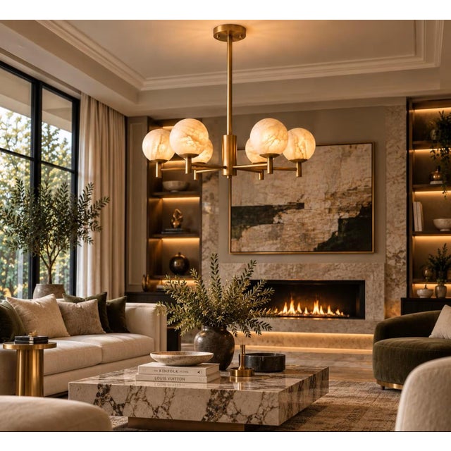 Contemporary Handcrafted Brass 6-Light Chandelier With Natural Alabaster Globe Shades, Dining Room & Kitchen Island Lighting For Sale - Image 3 of 10
