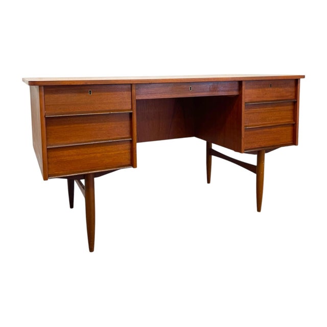 Brown Vintage Mid Century Modern Danish Teak Executive Desk With Rear Bookshelf. For Sale - Image 8 of 13