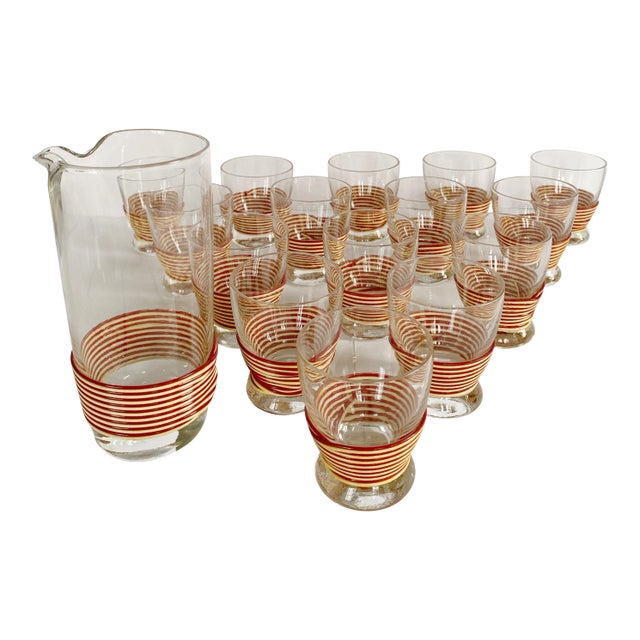 Mid-Century Wrapped Glasses and Pitcher Set - 16 Piece Set For Sale