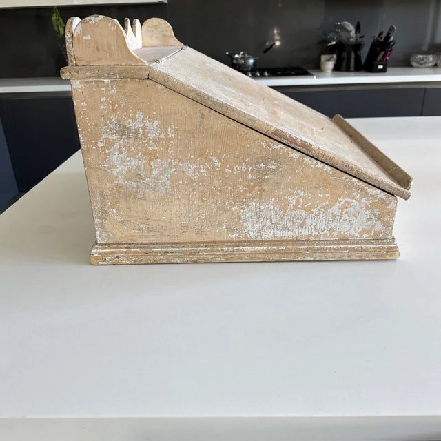 Vintage European-style bread bin / podium for holding papers or books. Light wood with white wash effect and brass key....