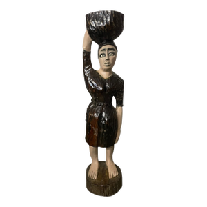 Mid-Century Hand-Carved Haitian Folk Art Woman With Bowl — Mahogany Wood Sculpture (1950s–1970s)