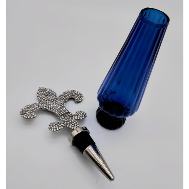 Cobalt Blue Ribbed Glass Oil or Perfume Bottle With Fleur De Lis Rhinestone Stopper For Sale - Image 4 of 9