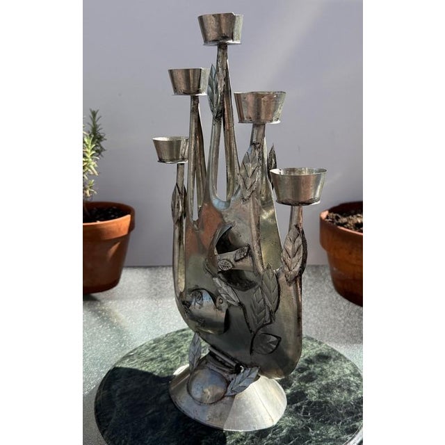 Metal Gene Byron Attrib MCM Brutalist Folk Art Mexican Tin Modernist Candelabra Sculpture, Birds For Sale - Image 7 of 10