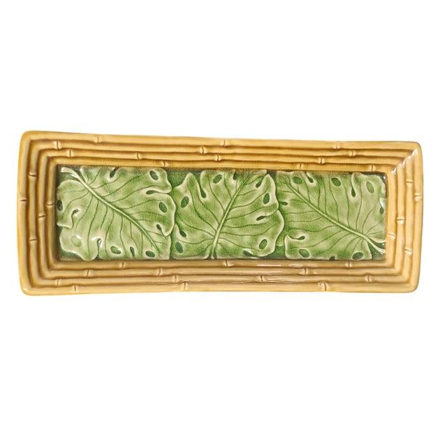 Ceramic Late 20th Century Monterey Tropical Majolica Bamboo & Green Monstera Leaf Pattern Hors D Oeuvres Dessert Tray Platter For Sale - Image 7 of 7