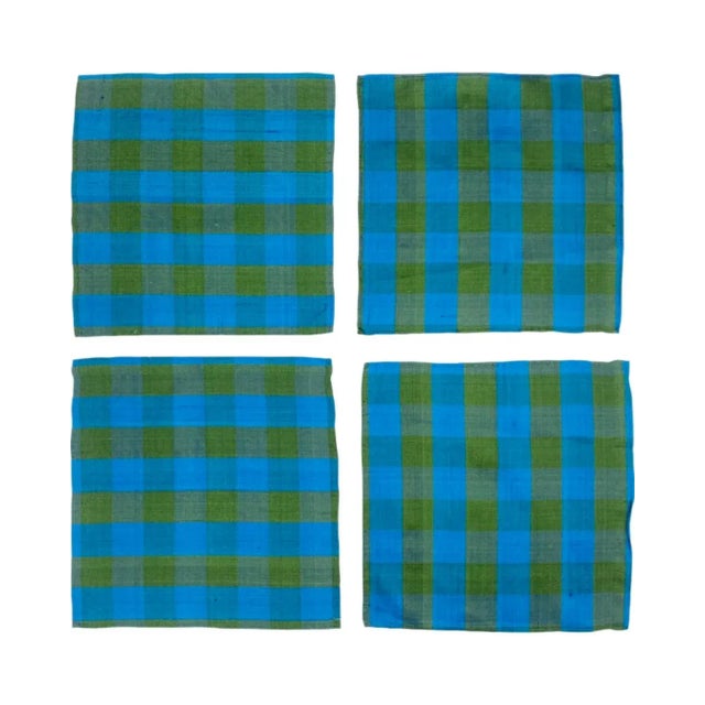 Vintage Set 4 Blue Green Silk Gingham Plaid Cocktail Napkins Barware For Sale In Washington DC - Image 6 of 13
