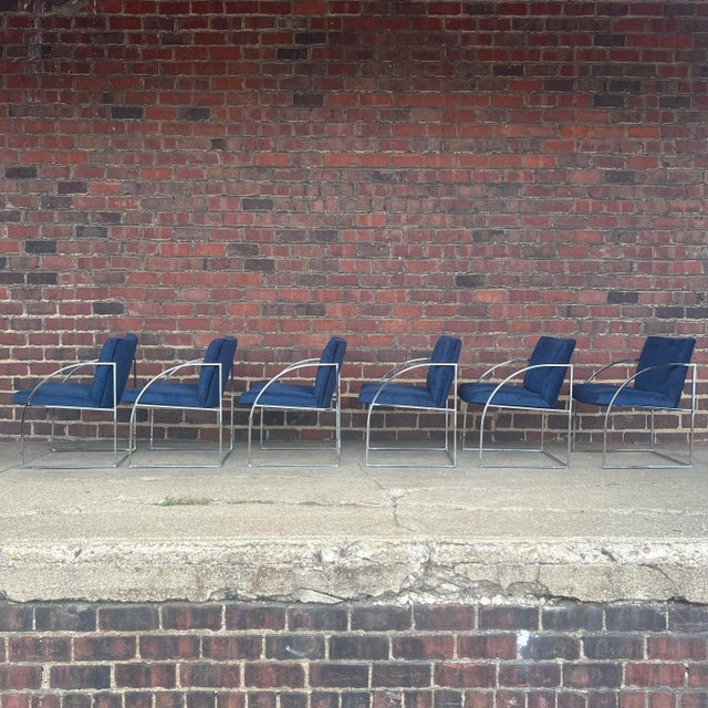 Milo Baughman Thayer Coggin Chrome Dining Chairs Recovered in a Blue Sparkly Fabric. For Sale - Image 10 of 10