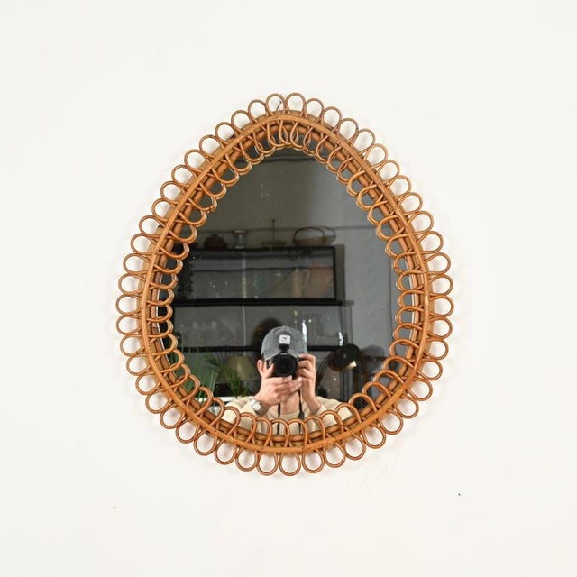 Franco Albini Large Teardrop Mirror in Curved Rattan and Bamboo by Franco Albini, Italy, 1960s For Sale - Image 4 of 14