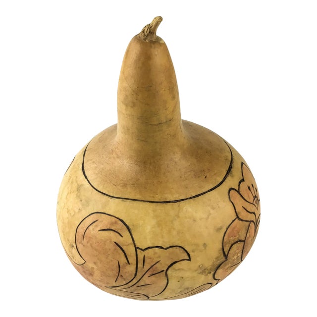 Hand Carved Floral Motifs Over Natural Dried Gourd For Sale