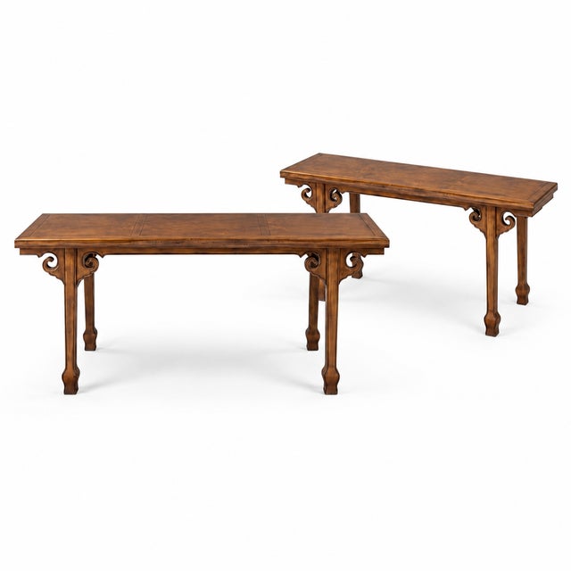 Ming Style Carved Walnut Draw Leaf Altar Console Tables by Drexel, Pair For Sale - Image 9 of 9