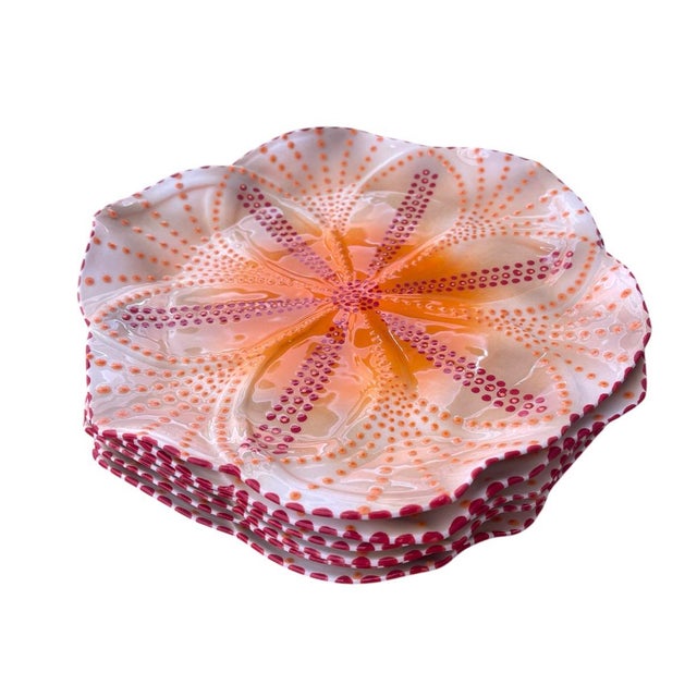 An exquisite and highly stylized set of six vintage ceramic platters, artisan-crafted and hand-painted in South Africa....