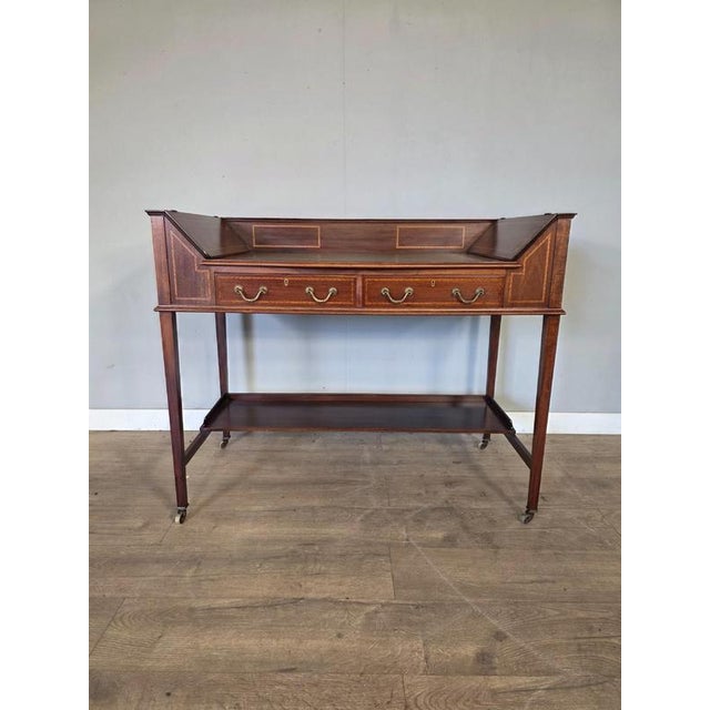 Antique Edwardian Inlaid Maghogany Desk with Leather Top For Sale - Image 5 of 5