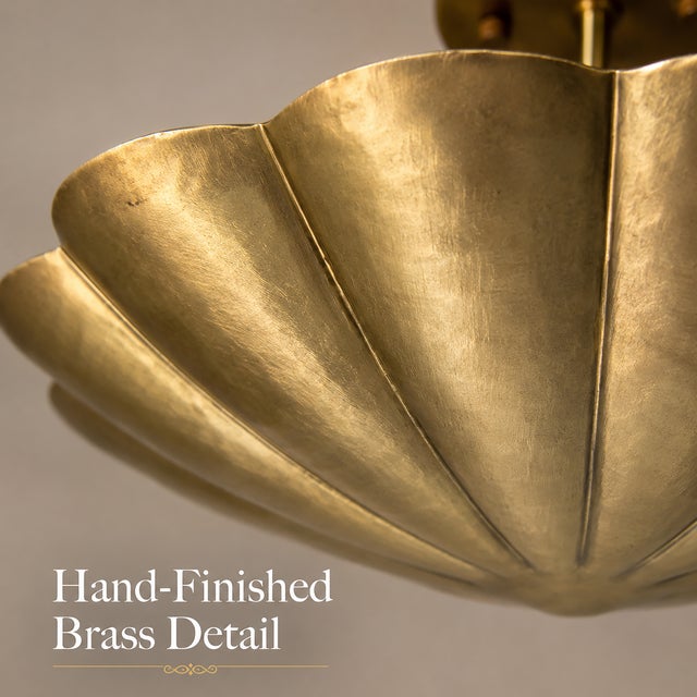Scalloped Brass Semi Flush Mount Ceiling Light, Hand-Finished Art Deco Fixture For Sale - Image 9 of 10