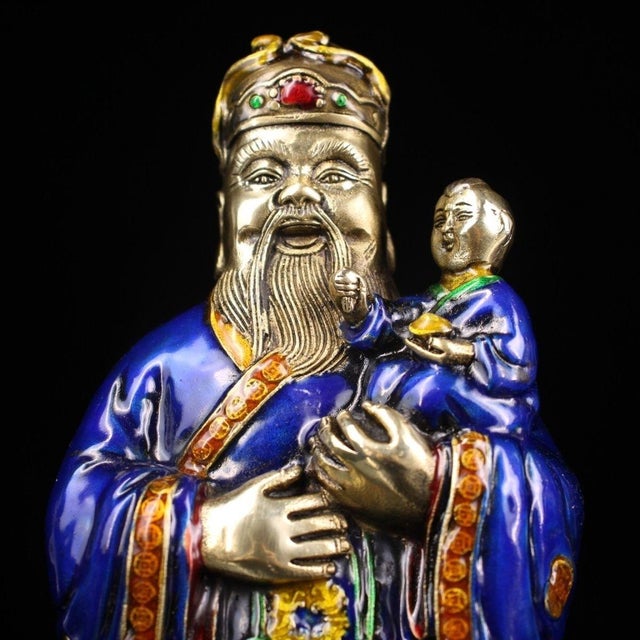 Late 19th Century Set of 3 Gilt Bronze and Enamel Fu Lu Shou Statues, 1.8kg Each For Sale In Los Angeles - Image 6 of 9