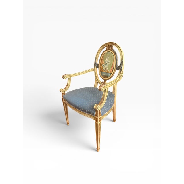 Late 20th Century Pair of Vintage Neoclassical Painted & Gilt Louis XVI Style Armchairs With Hand-Painted Medallion Backs For Sale - Image 5 of 15