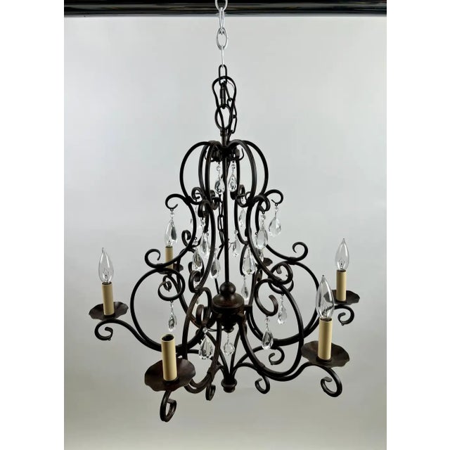 French Art Nouveau Style Metal & Crystal 6 Light Scroll Chandelier A romantic French Art Nouveau-style chandelier...