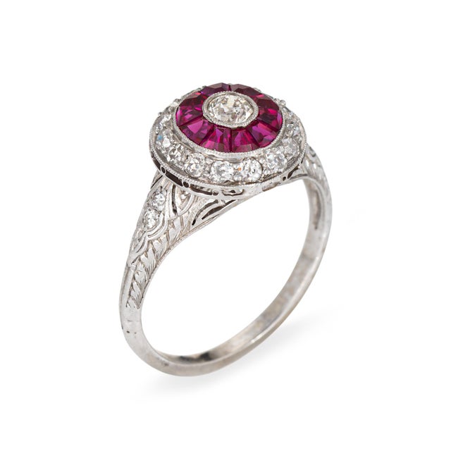 Finely detailed vintage Art Deco diamond & ruby ring (circa 1920s to 1930s) crafted in 900 platinum. Old European and...