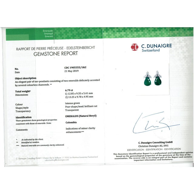 6.79 Carat Certified Colombian Minor Emerald Diamond Removable Drop Earrings Pt For Sale - Image 4 of 8
