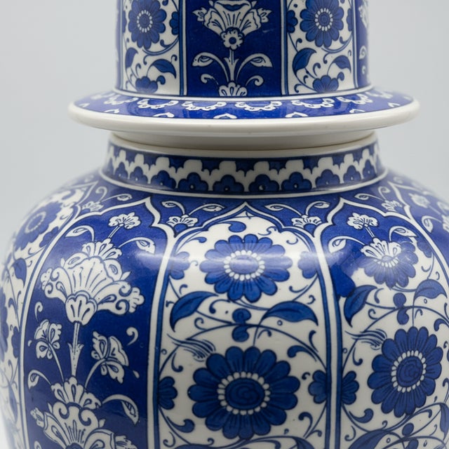 Handmade Ceramic Grand Shah Jar (60cm) Baba Nakkas Style Rumi & Hatayi Blue White Floor Vase For Sale - Image 4 of 7
