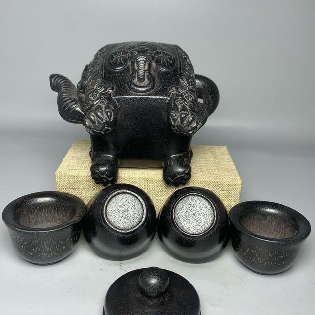 Late 19th Century Late 19th CenturyCarved Faux Horn Elephant Teapot Set With Four Cups and Box For Sale - Image 5 of 9