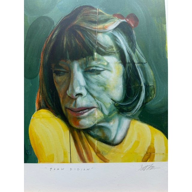 Serene and moody but colorful repro print based on artist’s original painting of Joan Didion. Giclee on paper, signed and...