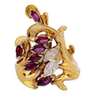 1970s Vintage Marquise Ruby Diamond 14k Yellow Gold Cocktail Ring, Size 6.5 For Sale