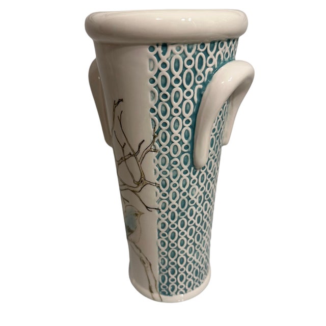 Vintage Geometric Turquoise Bird on a Branch Motif Vase For Sale In Birmingham - Image 6 of 11