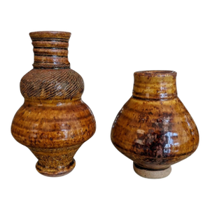 Mid Century Lava Glazed Stoneware Vase Vessels- A Pair