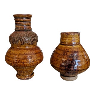 Vintage Lava Glazed Stoneware Vessels- A Pair For Sale