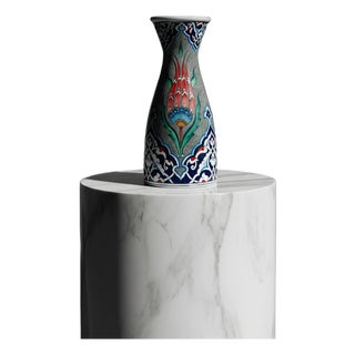 Handmade Ceramic Conical Vase (25cm) – Antique Stone Texture & Red Tulip Pattern – Vintage Style Decor For Sale